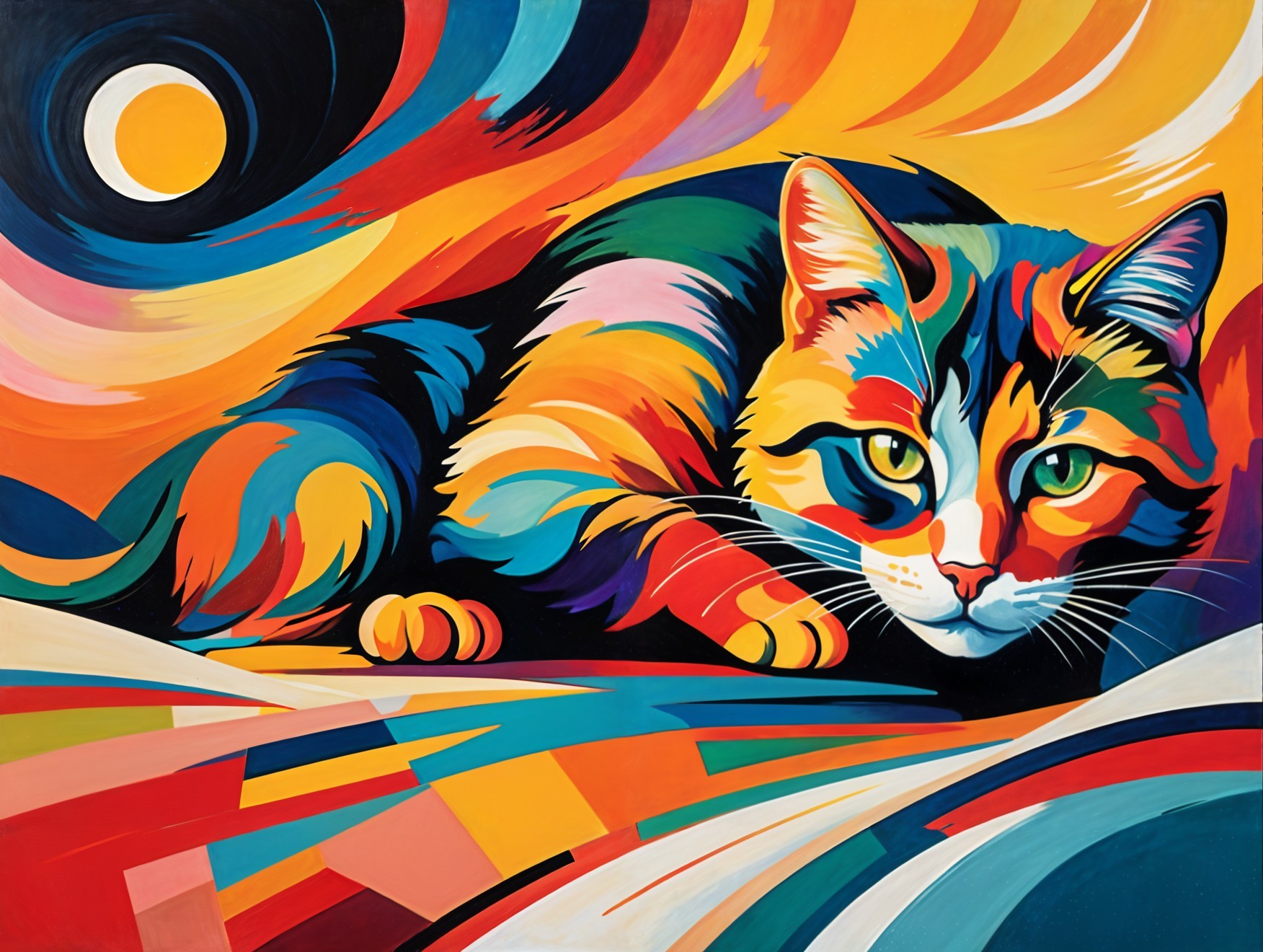 Abstract Cat Painting with Bold Colors and Patterns