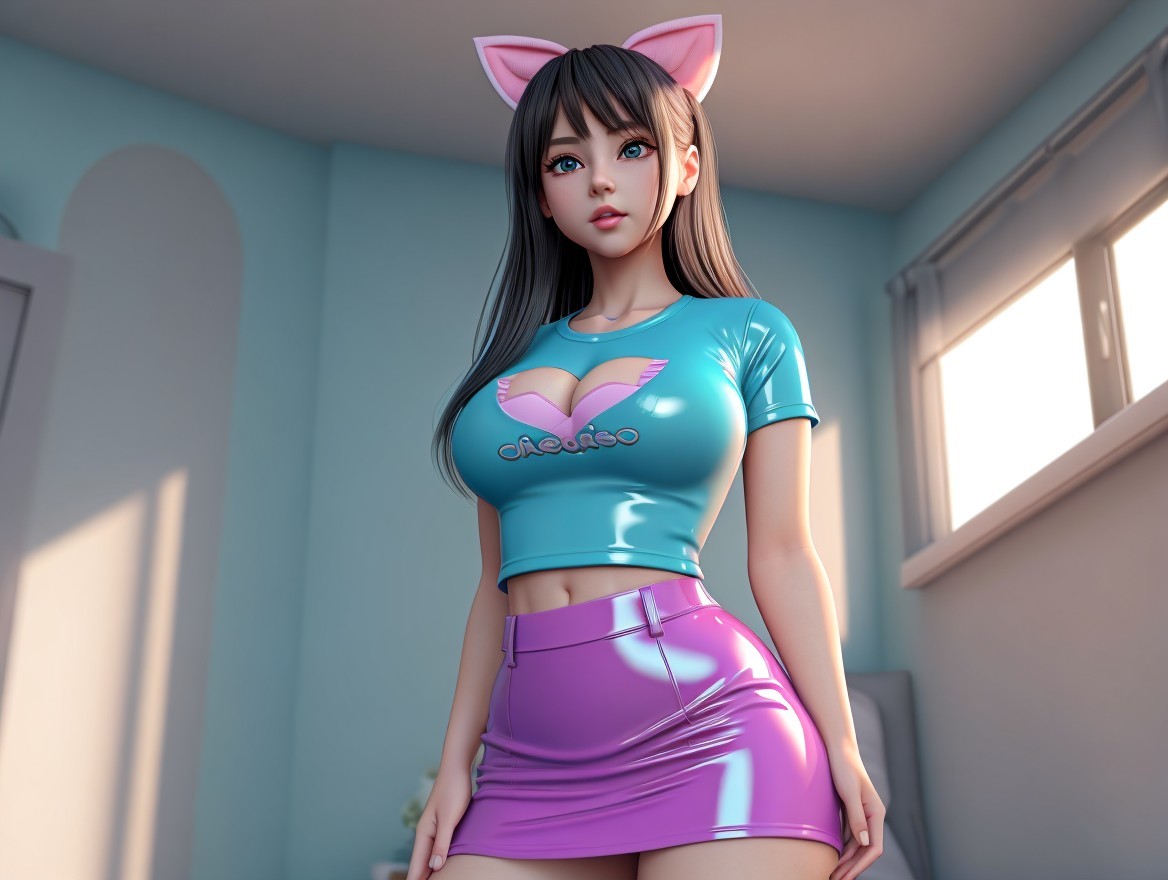 Stylized character with cat ears in bright room setting