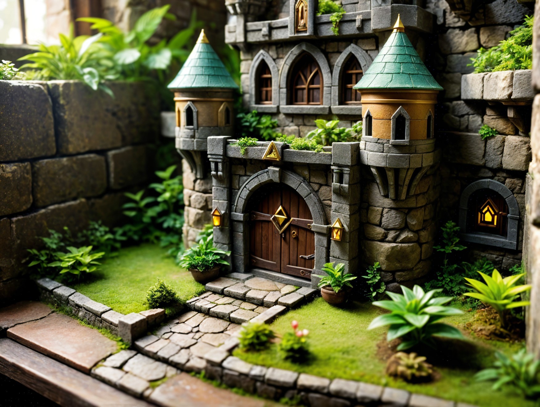 Detailed Miniature Castle Surrounded by Lush Greenery