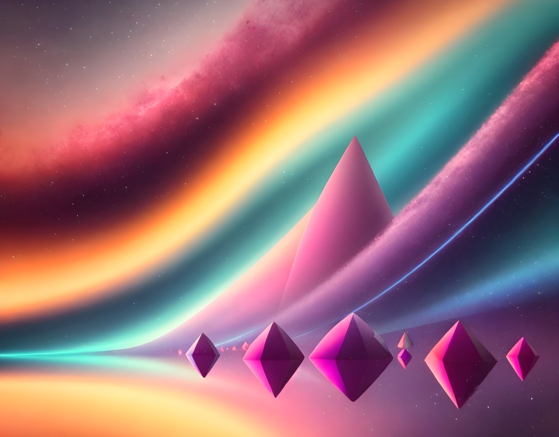 Swirling aurora-like colors with floating pink and purple crystals