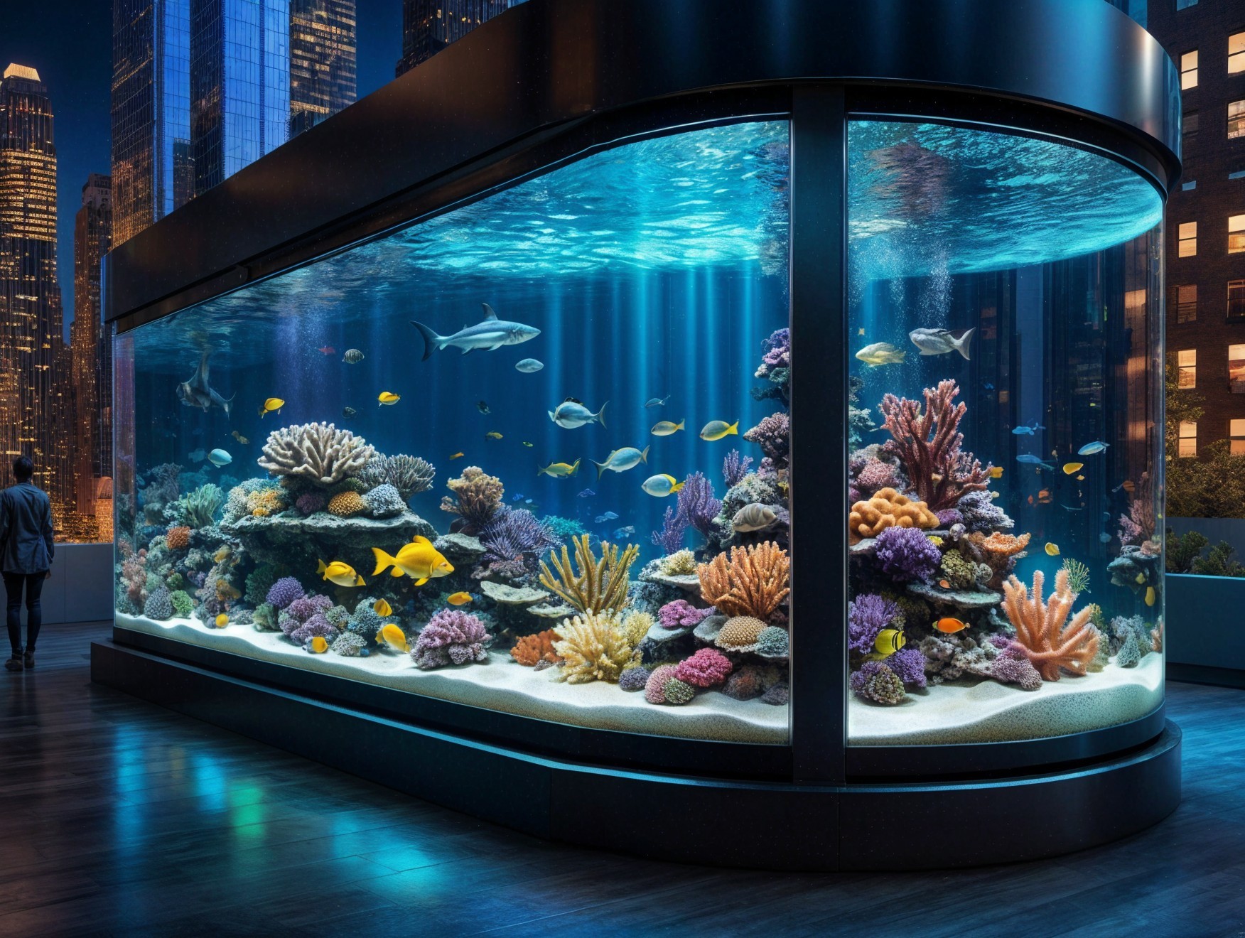 Large aquarium with coral reefs and marine life