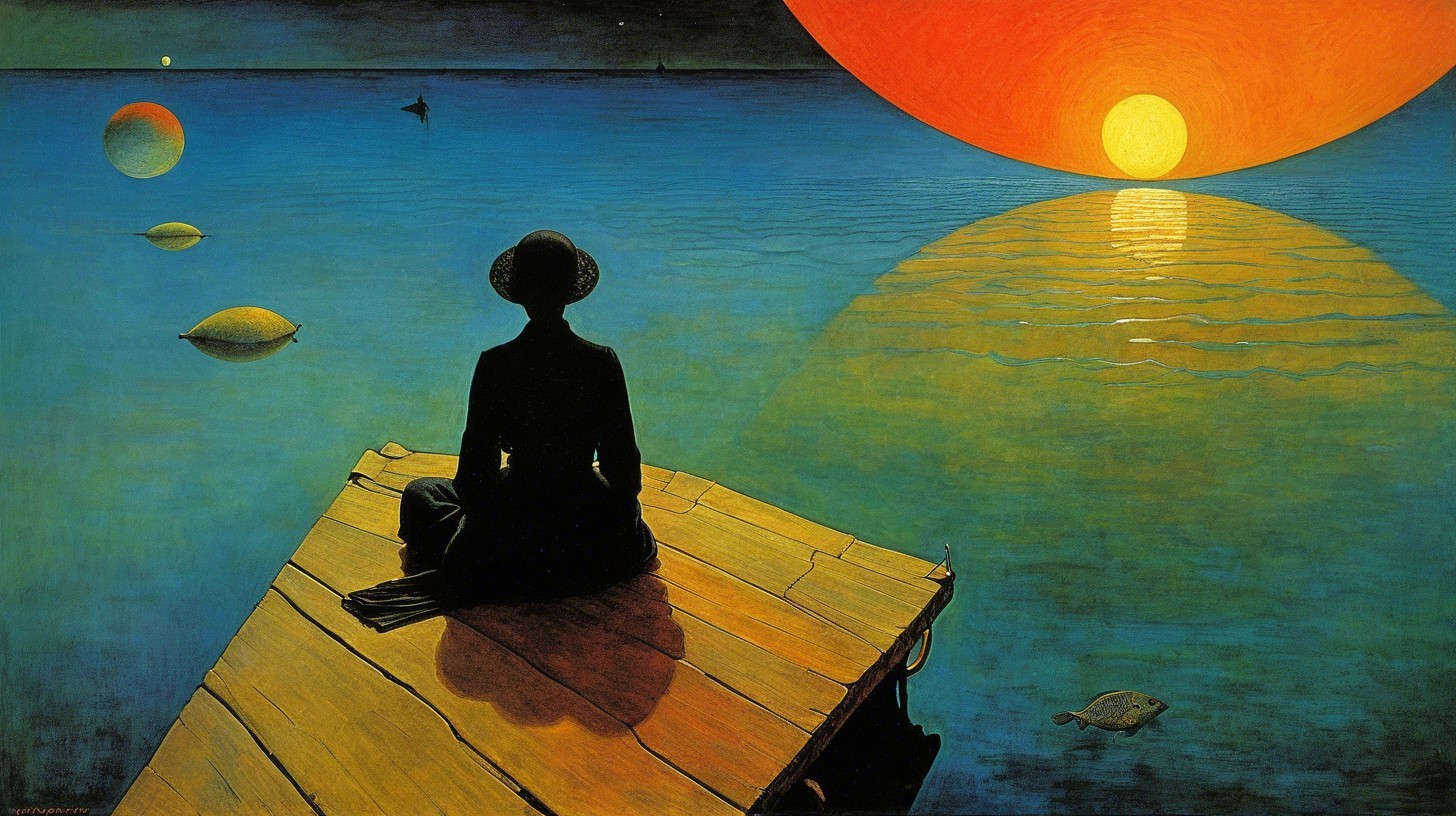 Surrealist painting of a woman by a vibrant sunset