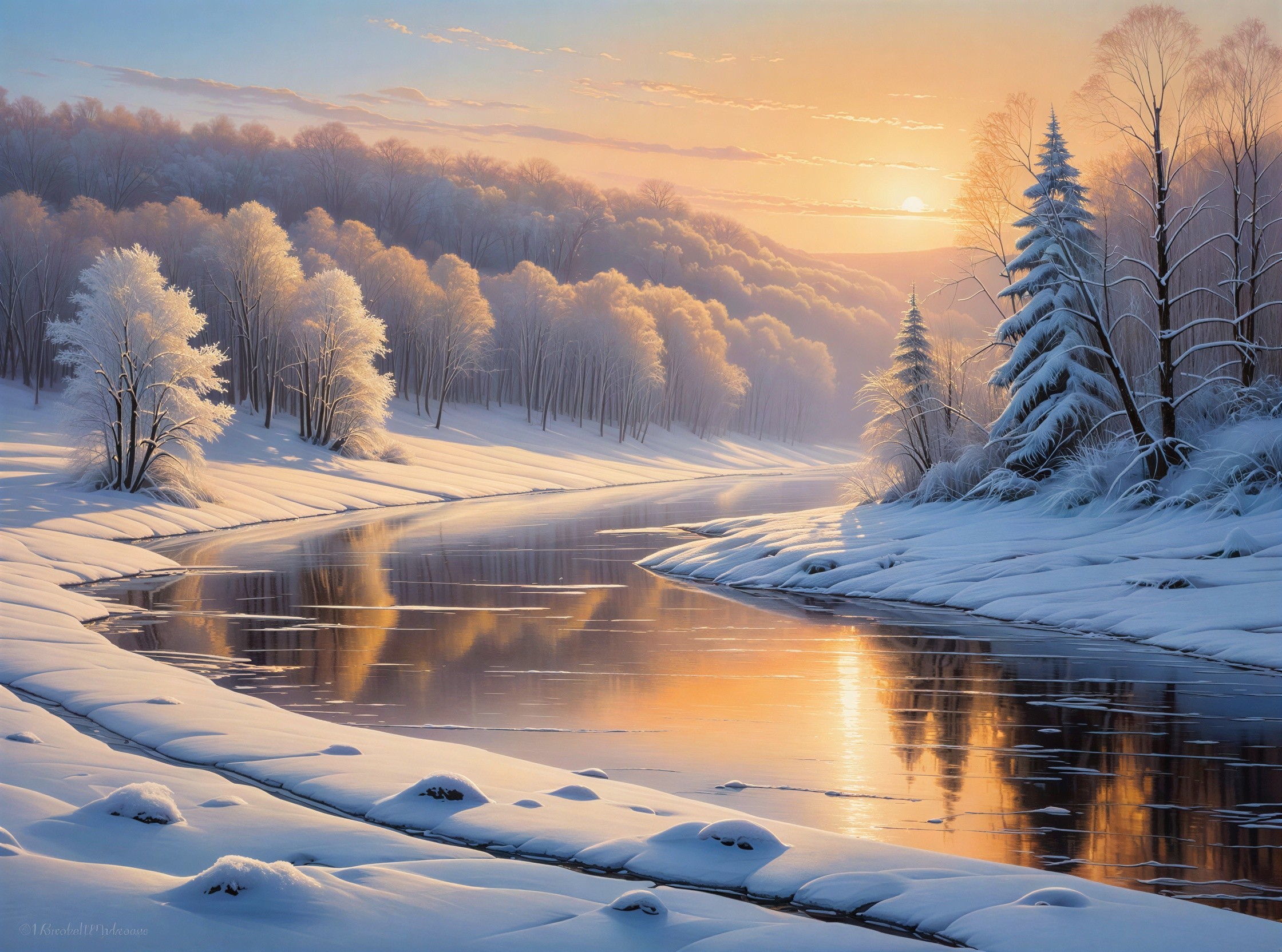 Serene Winter Landscape with River and Sunrise Glow