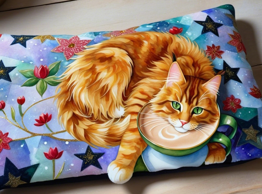 Fluffy Orange Cat on Decorative Pillow with Coffee Mug