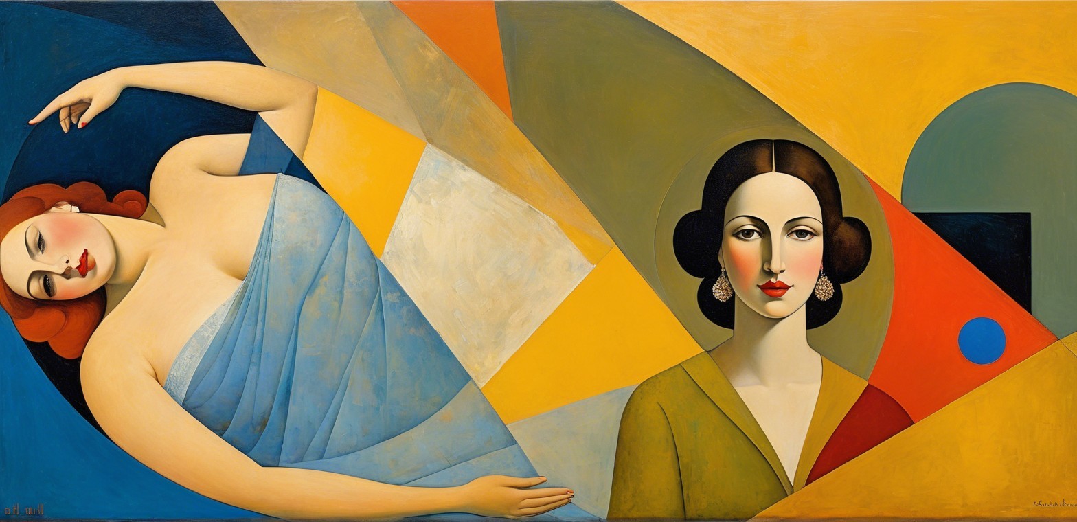 Surrealist Painting of Two Women Against Geometric Background