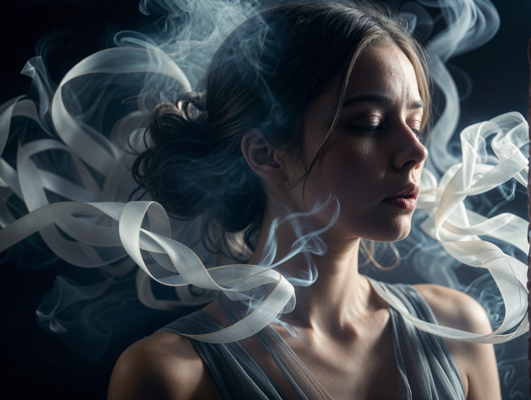 Serene portrait of a woman in a dreamlike setting