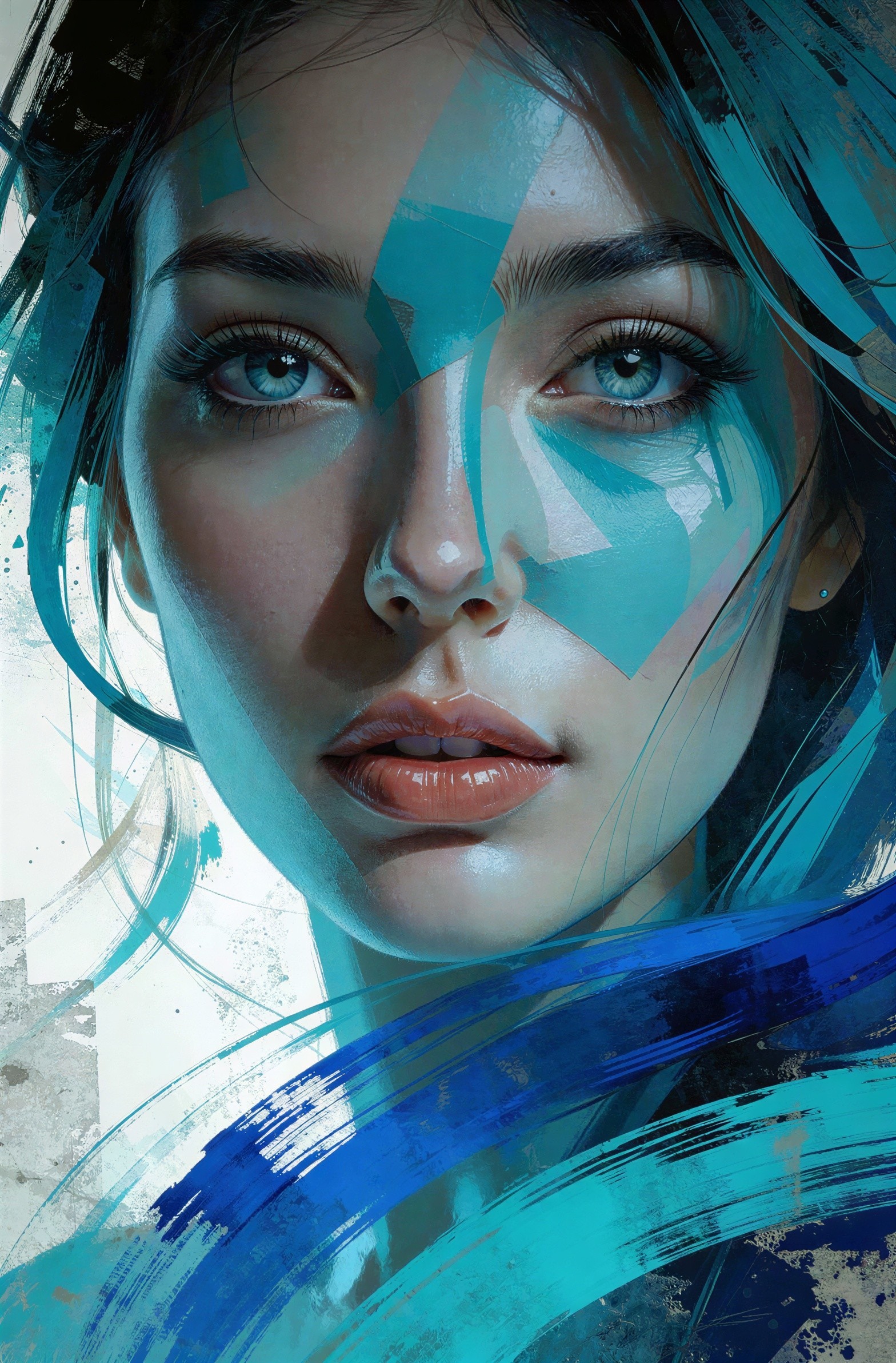 Vibrant Digital Painting of a Woman's Face with Blue Makeup