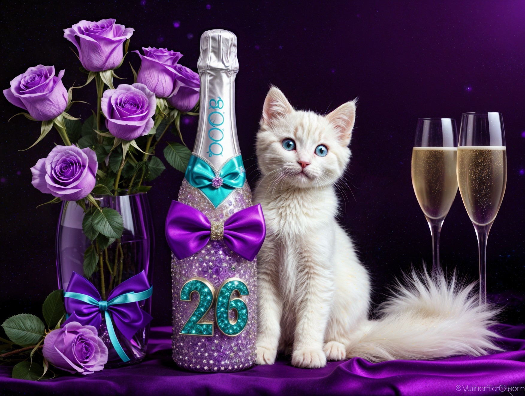 Fluffy white kitten beside champagne and purple roses