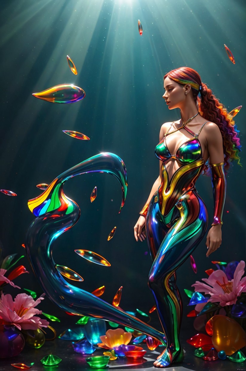 Fantastical figure in iridescent bodysuit among flowers
