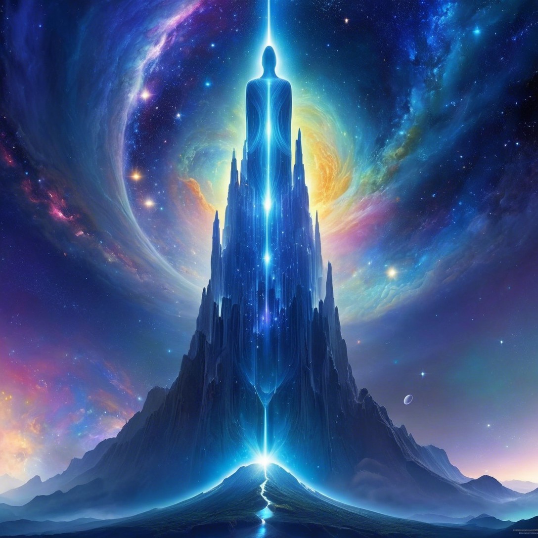 Futuristic Crystalline Mountain with Cosmic Backdrop