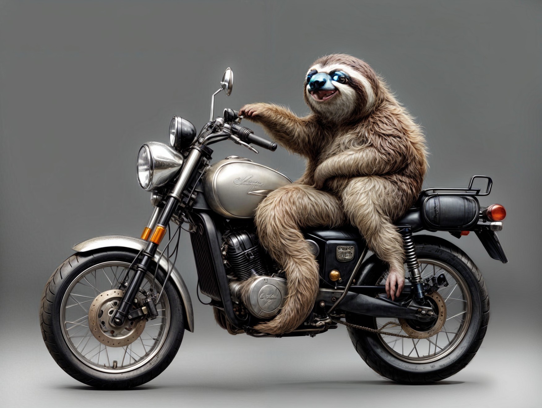 Whimsical Sloth on Motorcycle with Playful Sunglasses
