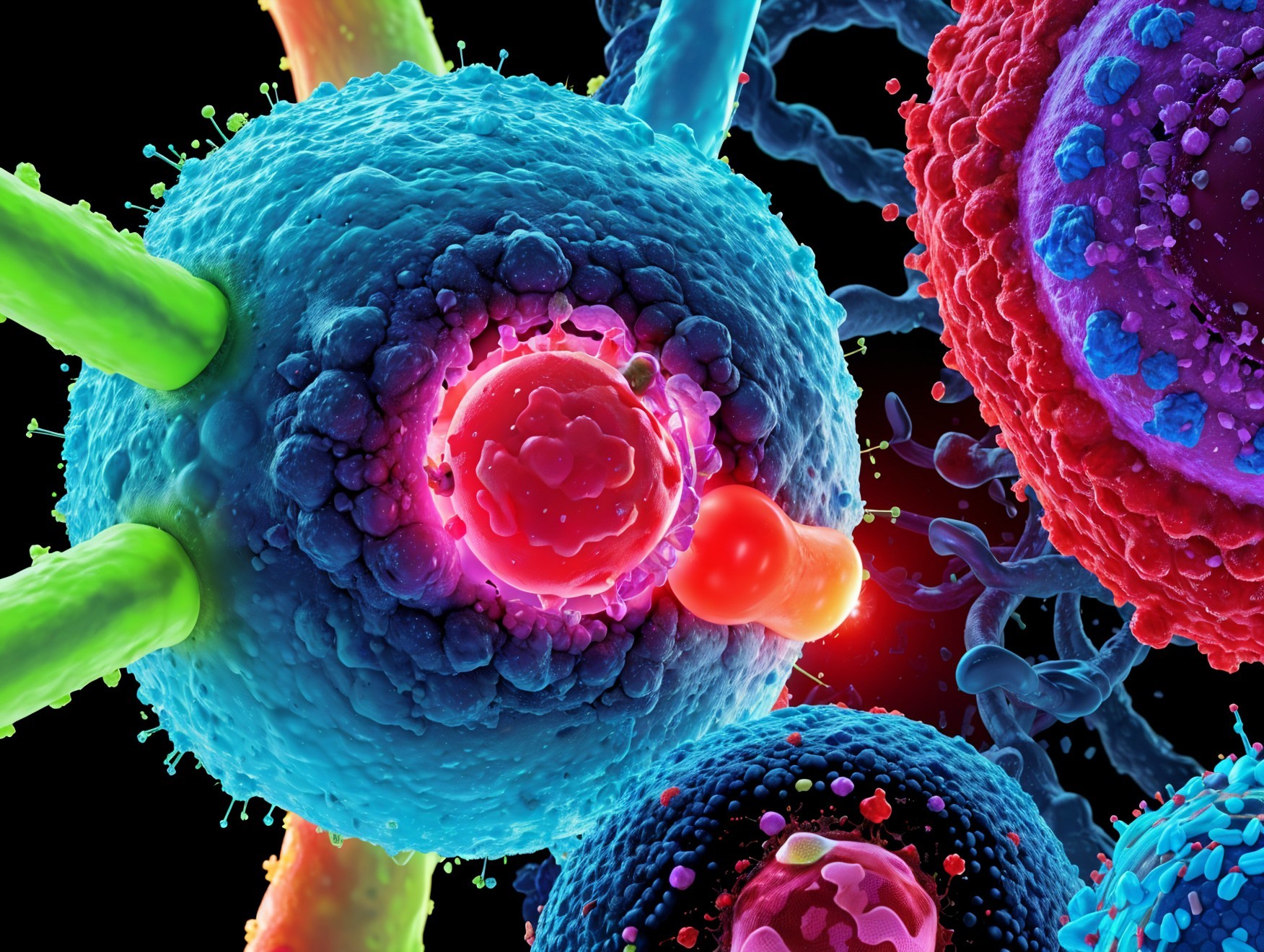 Microscopic View of Colorful Cell Structures and Nuclei