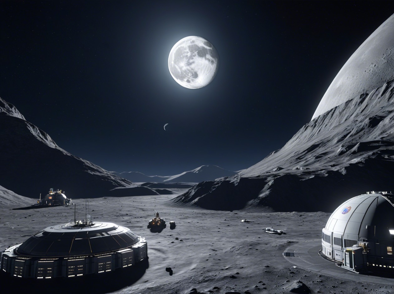 Futuristic Moon Base in Lunar Landscape at Night
