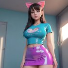 Stylized character with cat ears in bright room setting