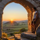 Young man in white t-shirt by ancient stone ruins