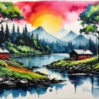 Serene Lake Landscape with Cozy Cabins and Mountains