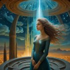 Young woman in blue gown in grand architectural space