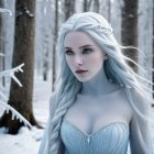 Young woman in snowy forest with blue hair and gown