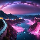 Illuminated Great Wall of China Under Starry Sky
