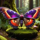 Colorful Butterfly on Mossy Log in Forest Scene