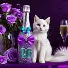 Fluffy white kitten beside champagne and purple roses