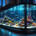 Large aquarium with coral reefs and marine life
