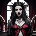 Confident figure in lavish room with red gown and crown