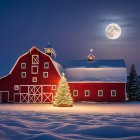 Red Christmas Barn with Tree Under Winter Night Sky