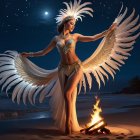 Dancer in Feather Costume on Moonlit Beach
