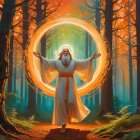 Old Man in Forest with Halo and Glowing Orange Ring