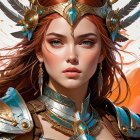 Fierce Warrior Woman in Elaborate Armor and Autumn Leaves