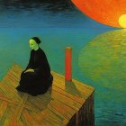Surrealist painting of a woman by a vibrant sunset