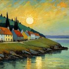 Impressionist Coastal Village Scene at Sunset