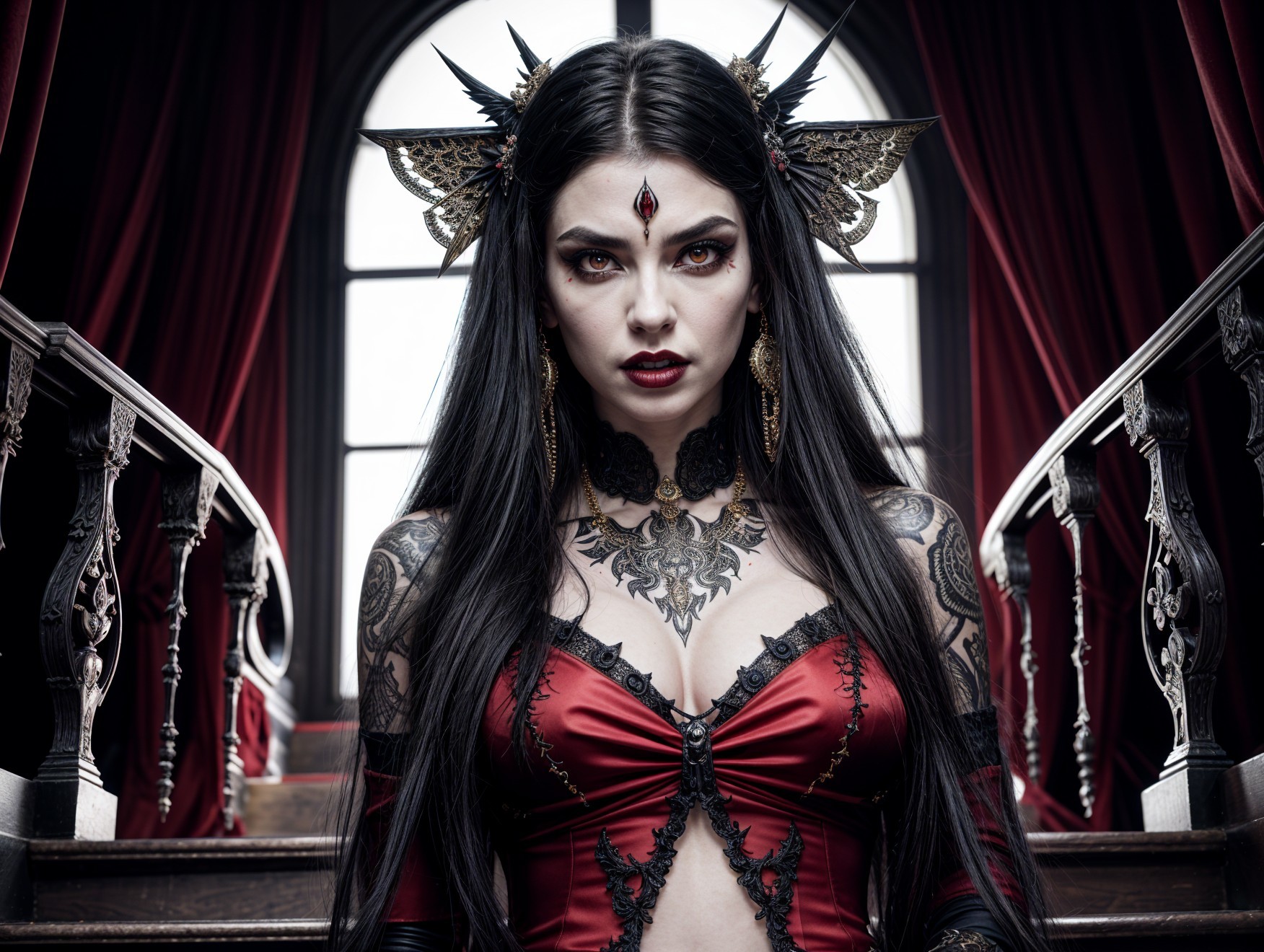 Confident figure in lavish room with red gown and crown