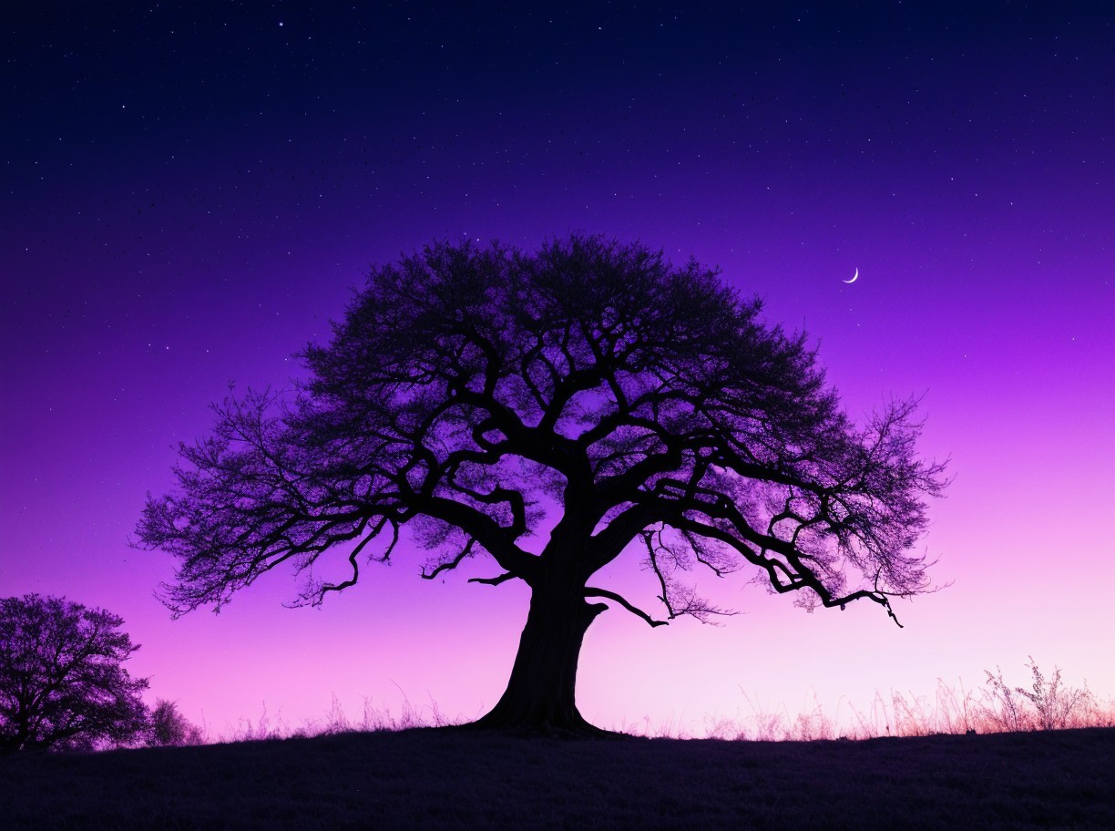 Solitary tree under a starry purple and blue sky