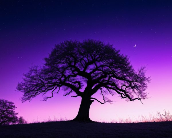 Solitary tree under a starry purple and blue sky