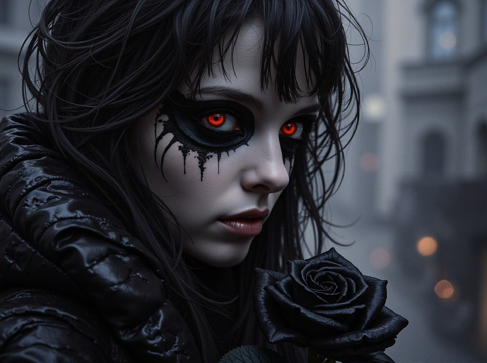 Gothic Figure with Black Rose in Urban Mist
