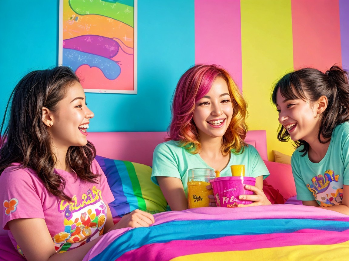 Young women enjoying snacks on a colorful bed