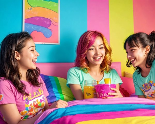 Young women enjoying snacks on a colorful bed