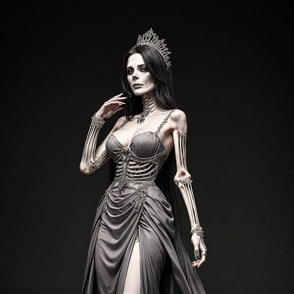 Elegant gown with skeletal features in dark setting