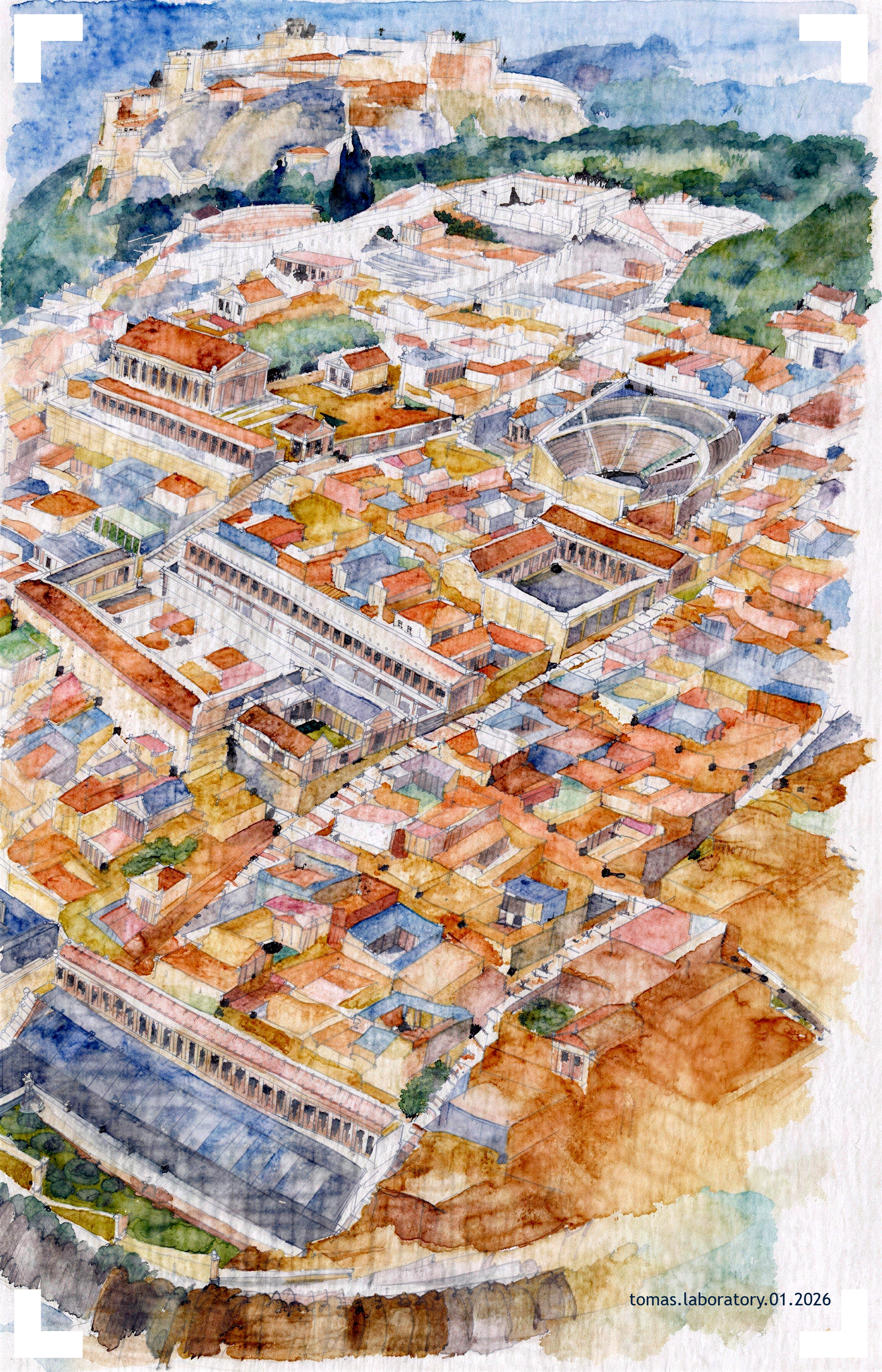 Aerial Watercolor of an Ancient Roman City Landscape