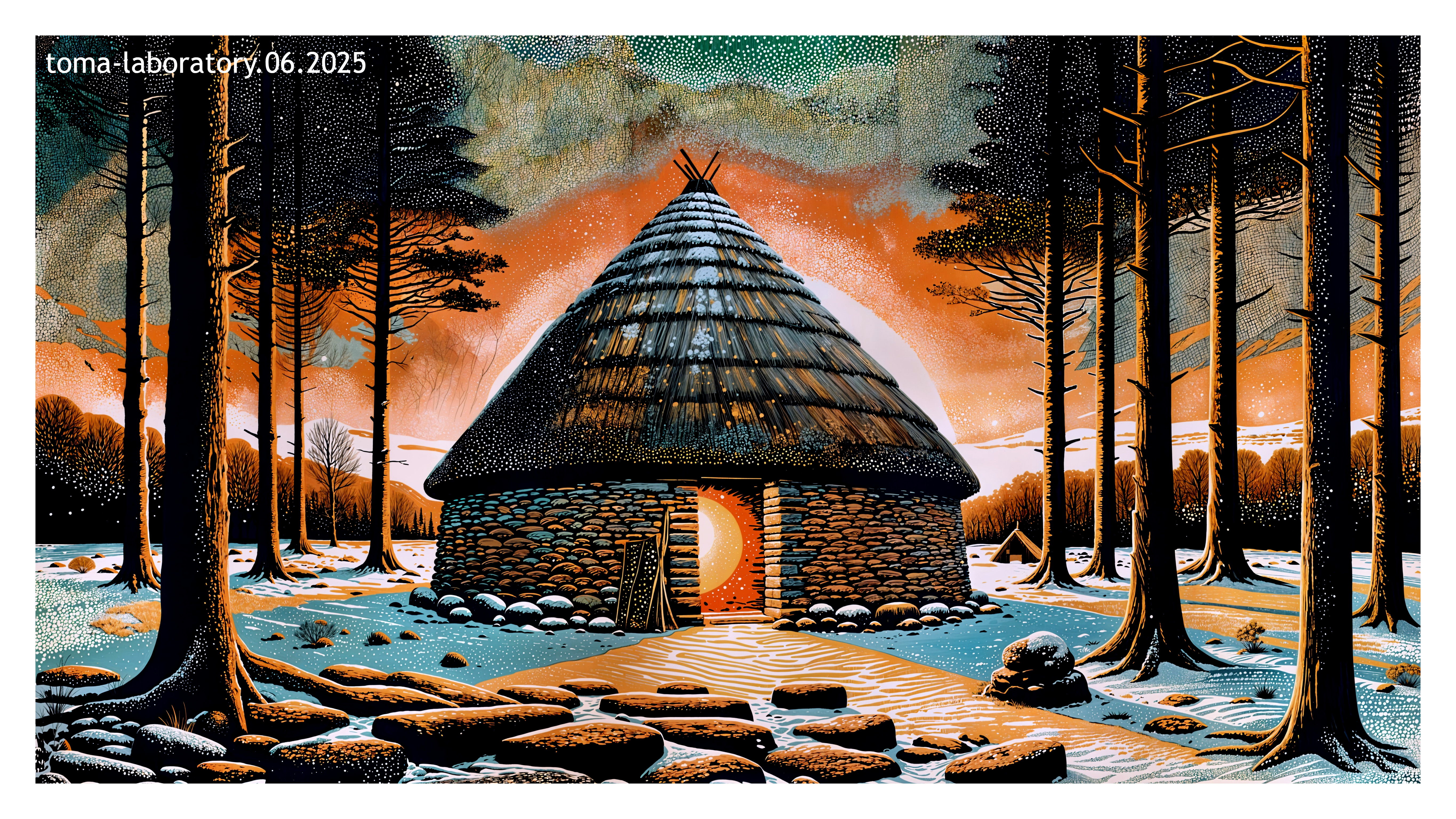 Illustration of a Stone Hut Surrounded by Pine Trees