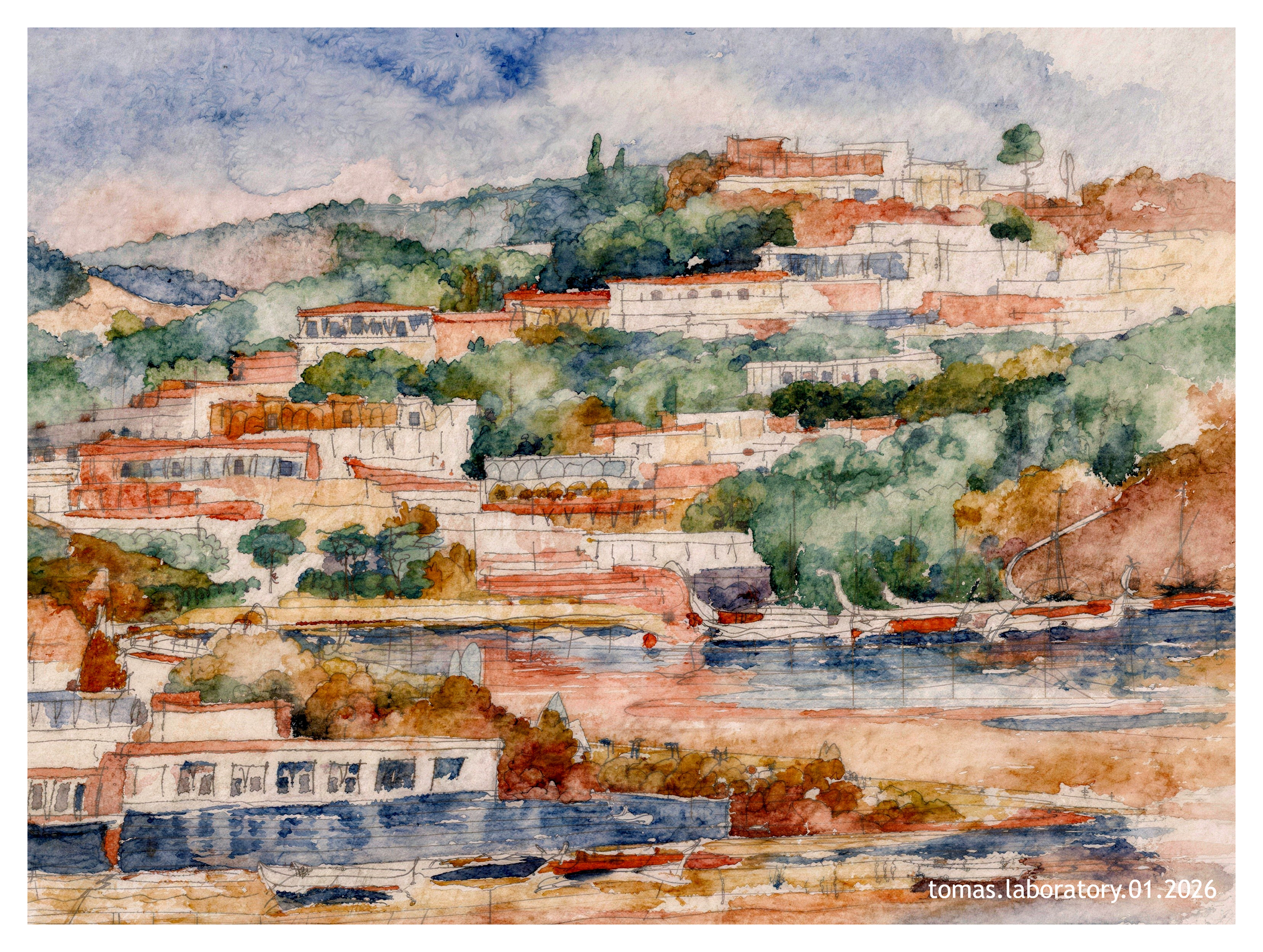 Vibrant Watercolor Landscape of Hillside Town and Water