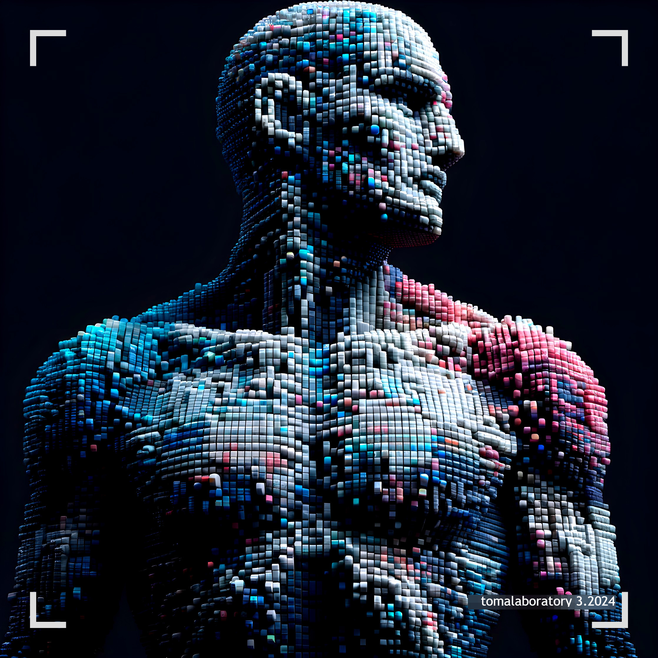 Stylized Pixelated Human Figure in Vibrant Colors