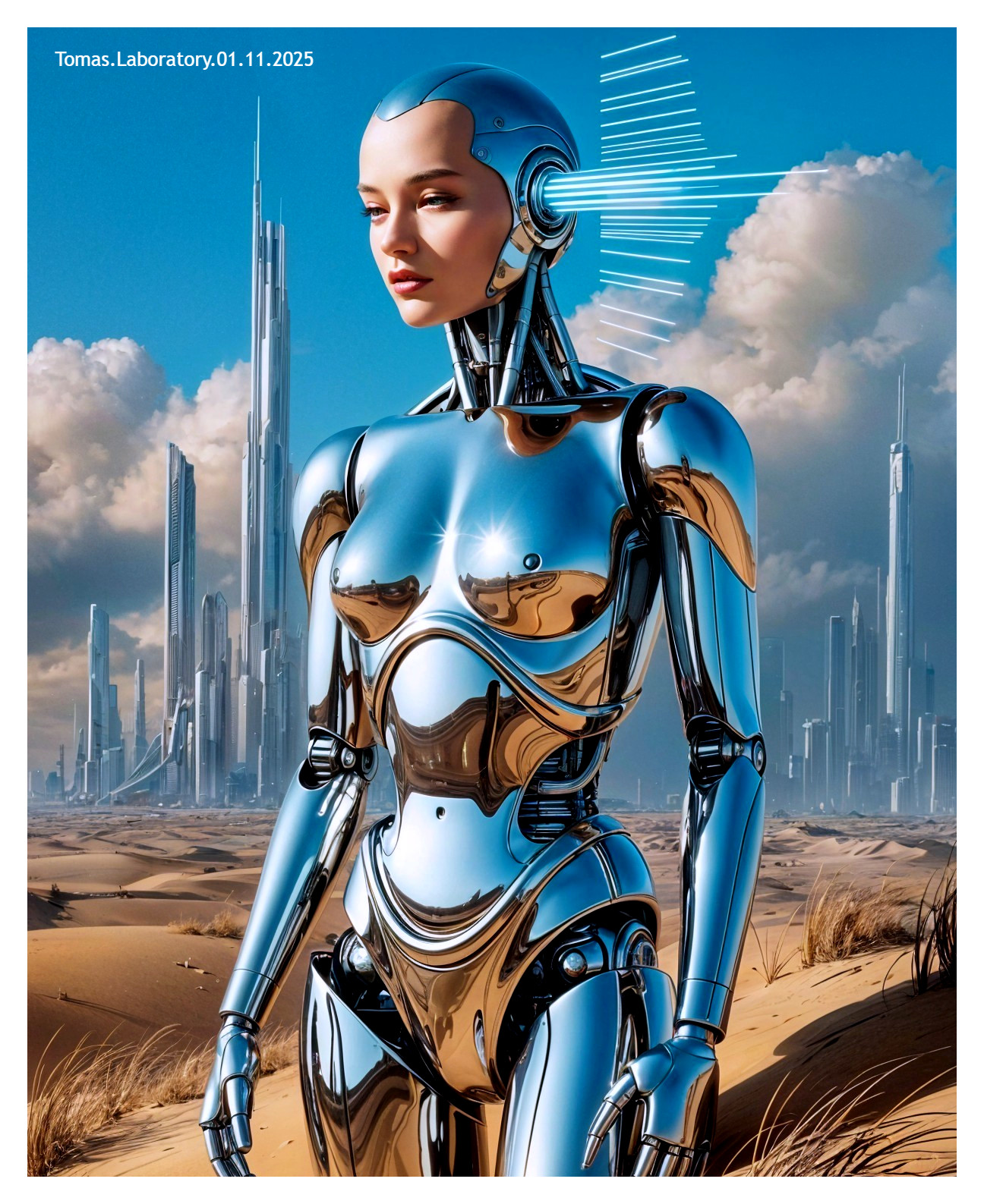 Futuristic humanoid robot in a desert landscape