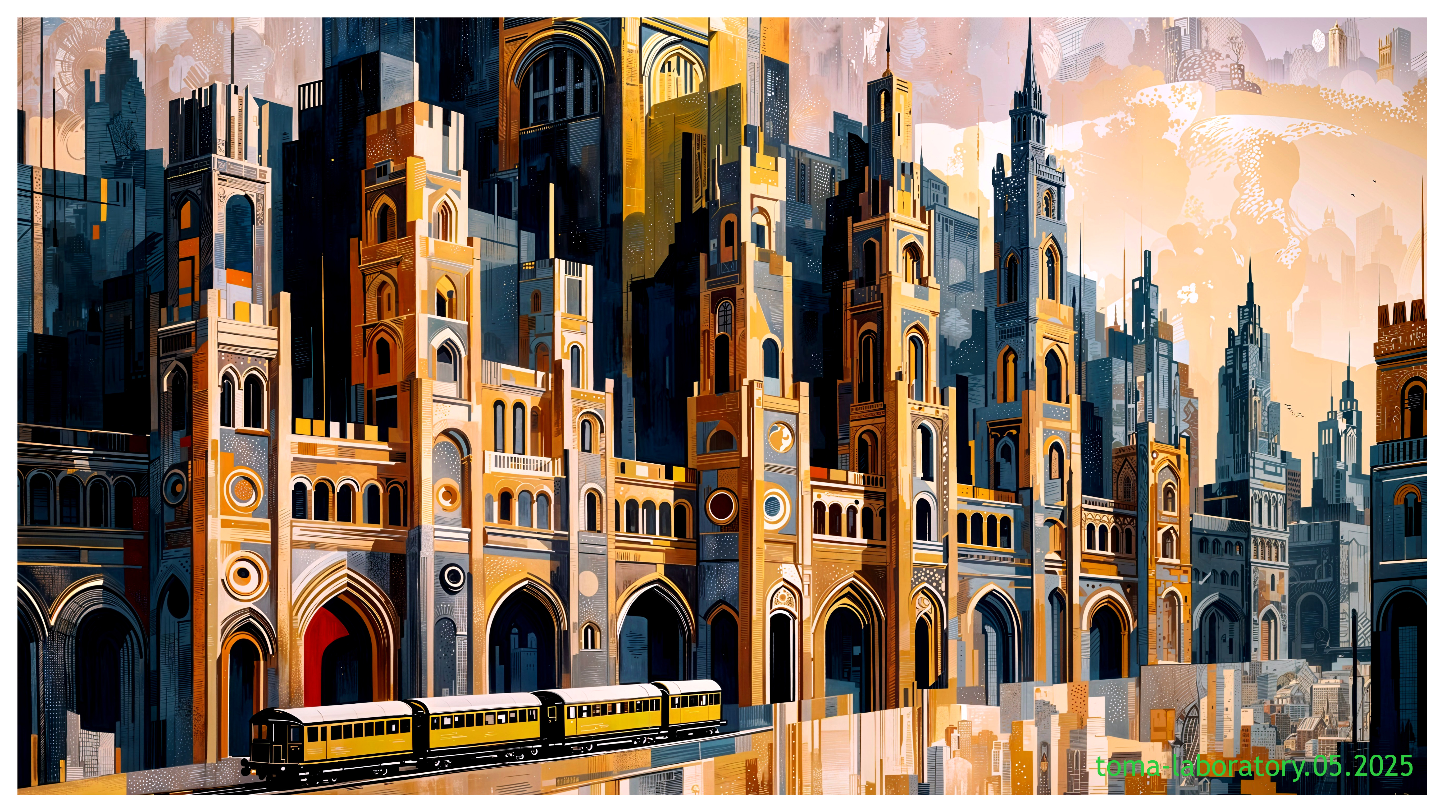 Vibrant Cityscape with Diverse Architecture and Train