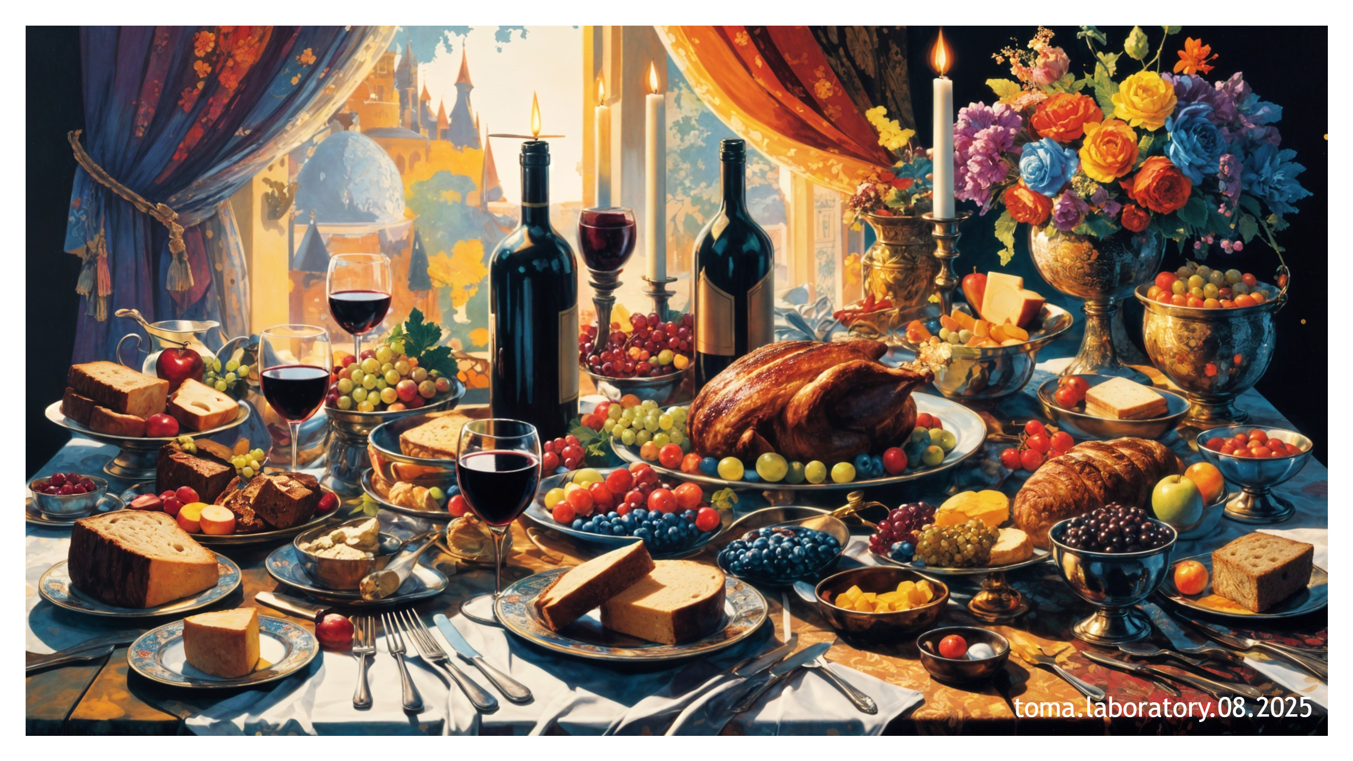 Lavish Banquet Table with Fruits and Roast Turkey