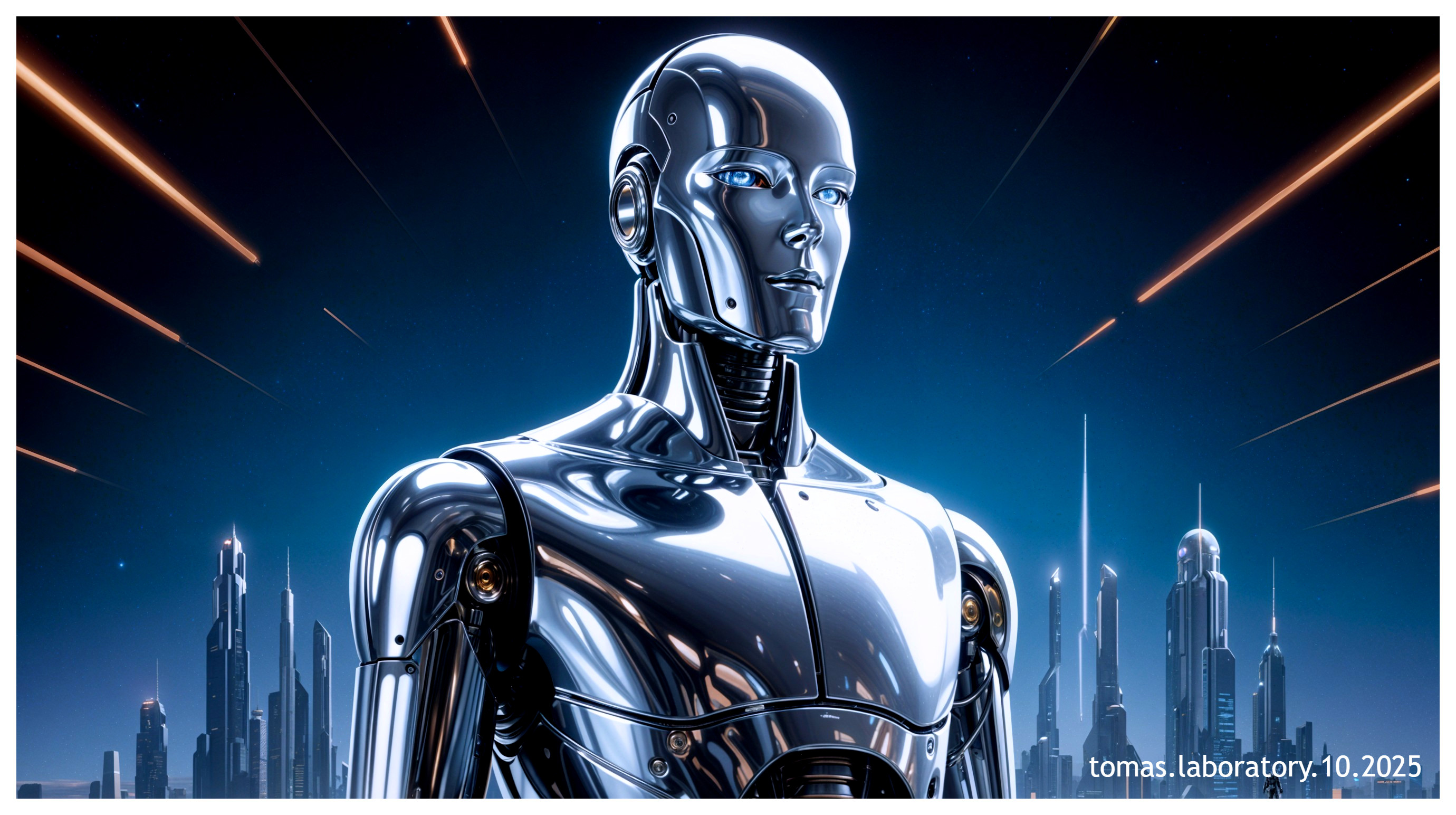 Chrome Humanoid Robot in Futuristic Cityscape