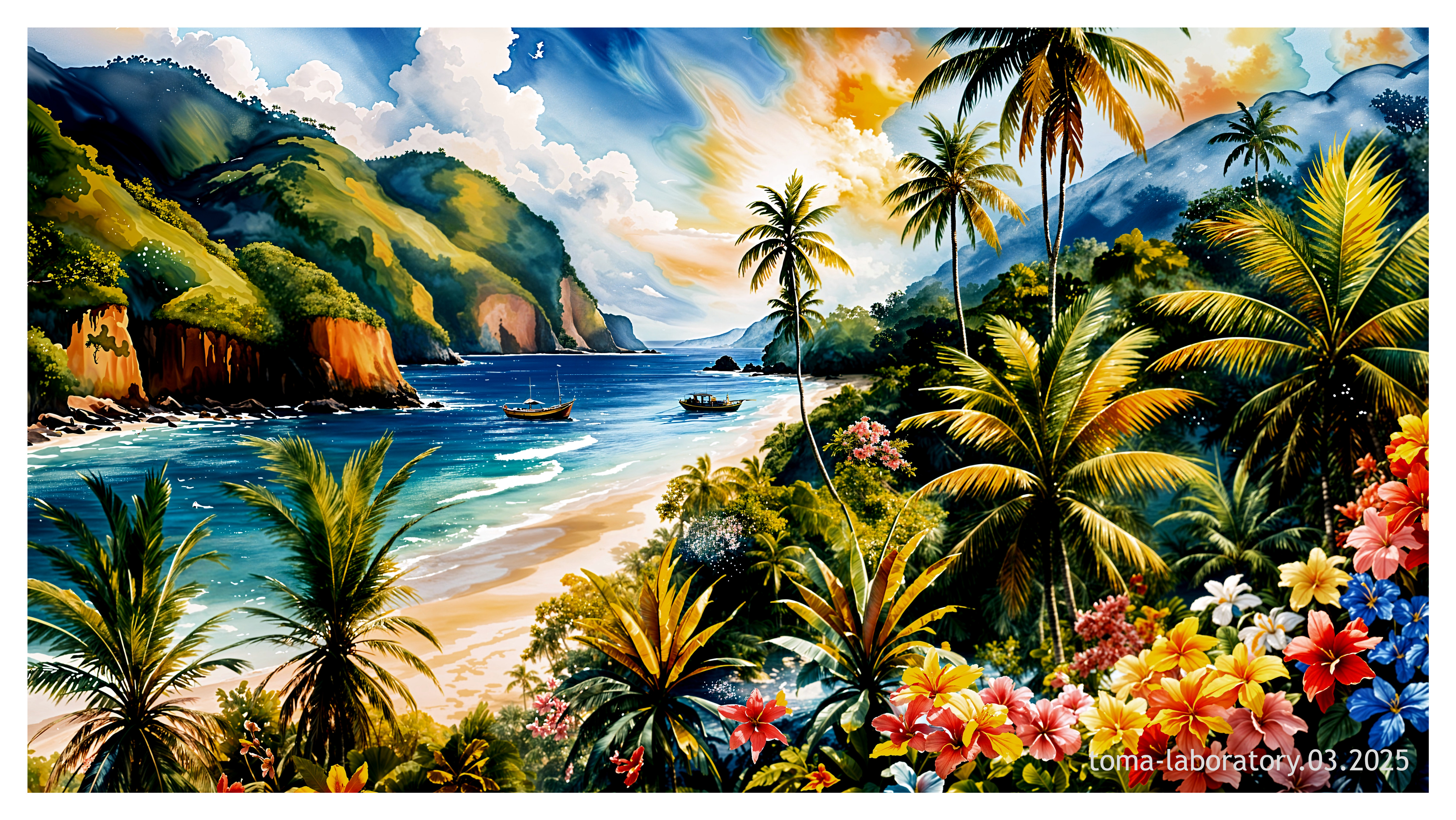 Vibrant Tropical Landscape with Serene Beach and Mountains