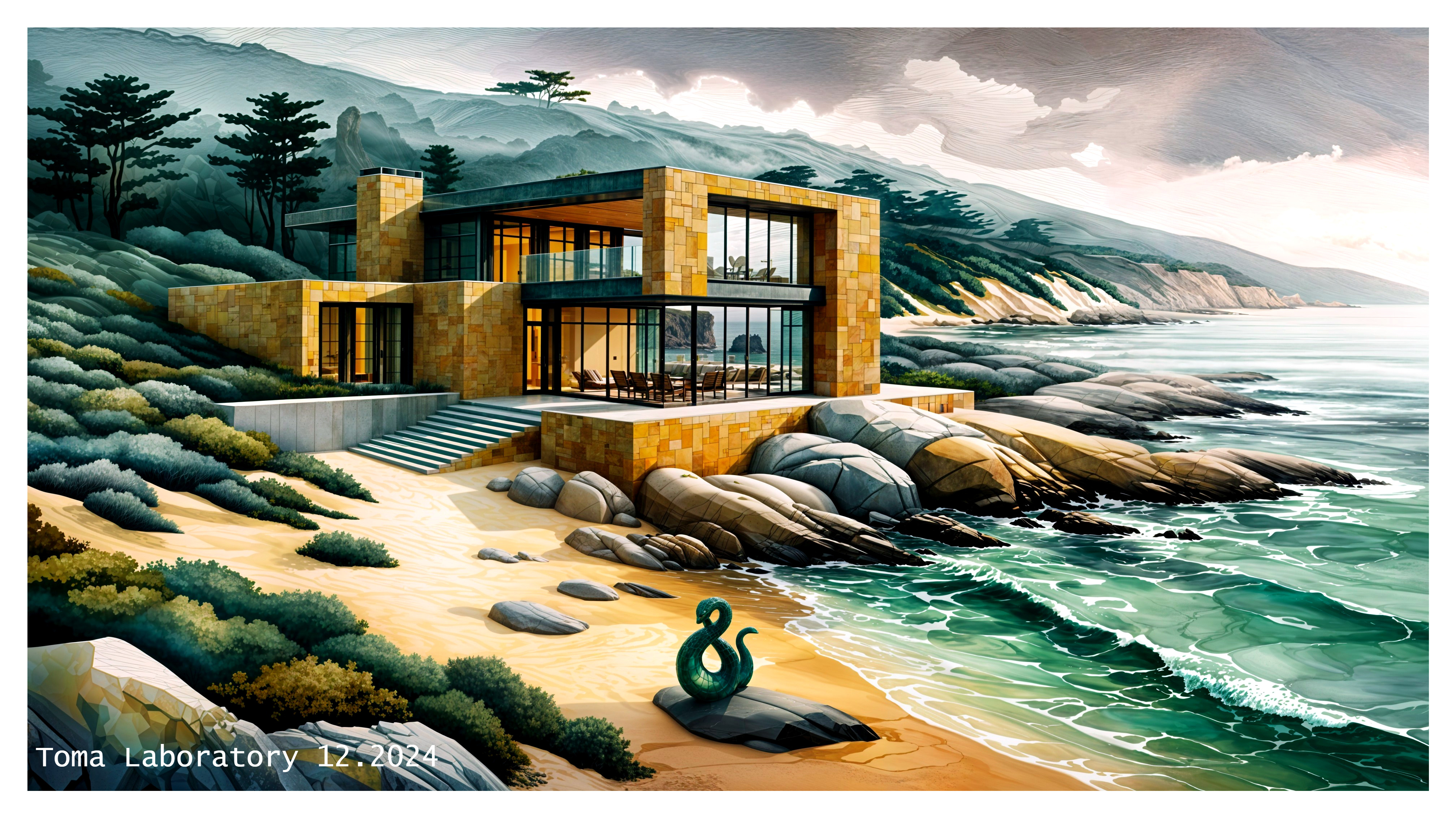 Modern Coastal House with Glass Windows and Sculpture